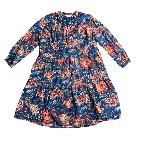 Fitzroy & Willa Marti Tiered Dress M medium blue floral block print India - Picture 5 of 9